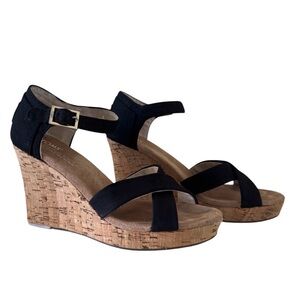 Toms Black Cork Wedge Sandals with Ankle Strap 7